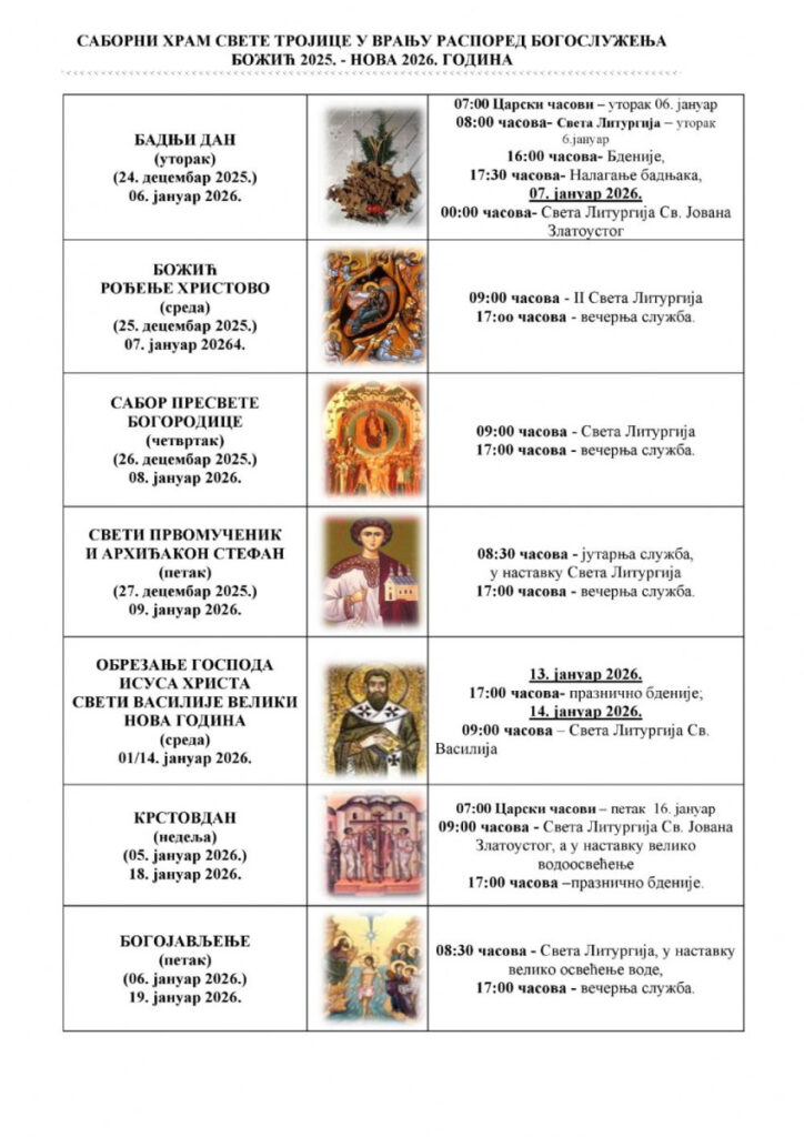 Распоред богослужења у Саборном храму за Божић и Богојављење